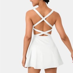 Halara Crisscross Backless Barre Ballet Dance Flared Dress in White